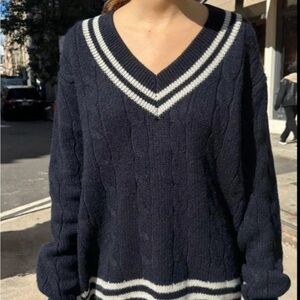 Brandy Melville Nicki Navy and White V-Neck Sweater